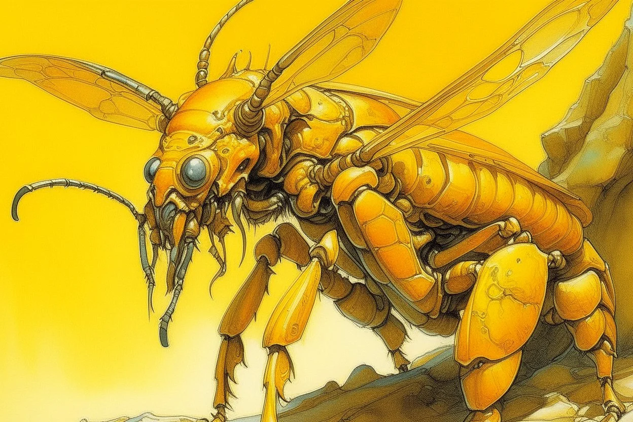 A golden yellow cyber elemental hornet painted by Albrecht Durer