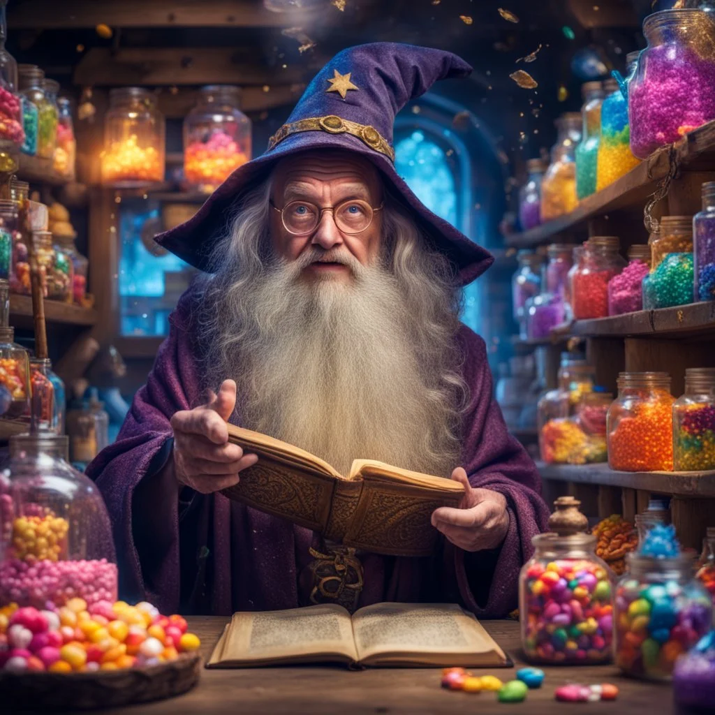 wise friendly wizard with great knowledge in a magic shop, magical treats and candy in jars, magical books and wands everywhere, confused face, bright vibrant colors, glowing sparkle particles, dark tone, sharp focus, high contrast, 8k resolution, incredible depth, shallow depth of field, dramatic lighting, beautifully intricate details, clean environment, epic dynamic scene