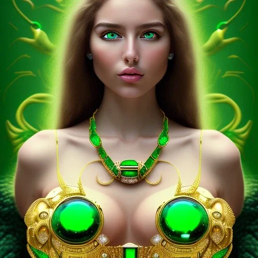 fullbody portrait of beautiful booty young busty atletic amazon woman with big green emerald eyes crying gold with big emeralds necklace by Gustav Klimt 8k