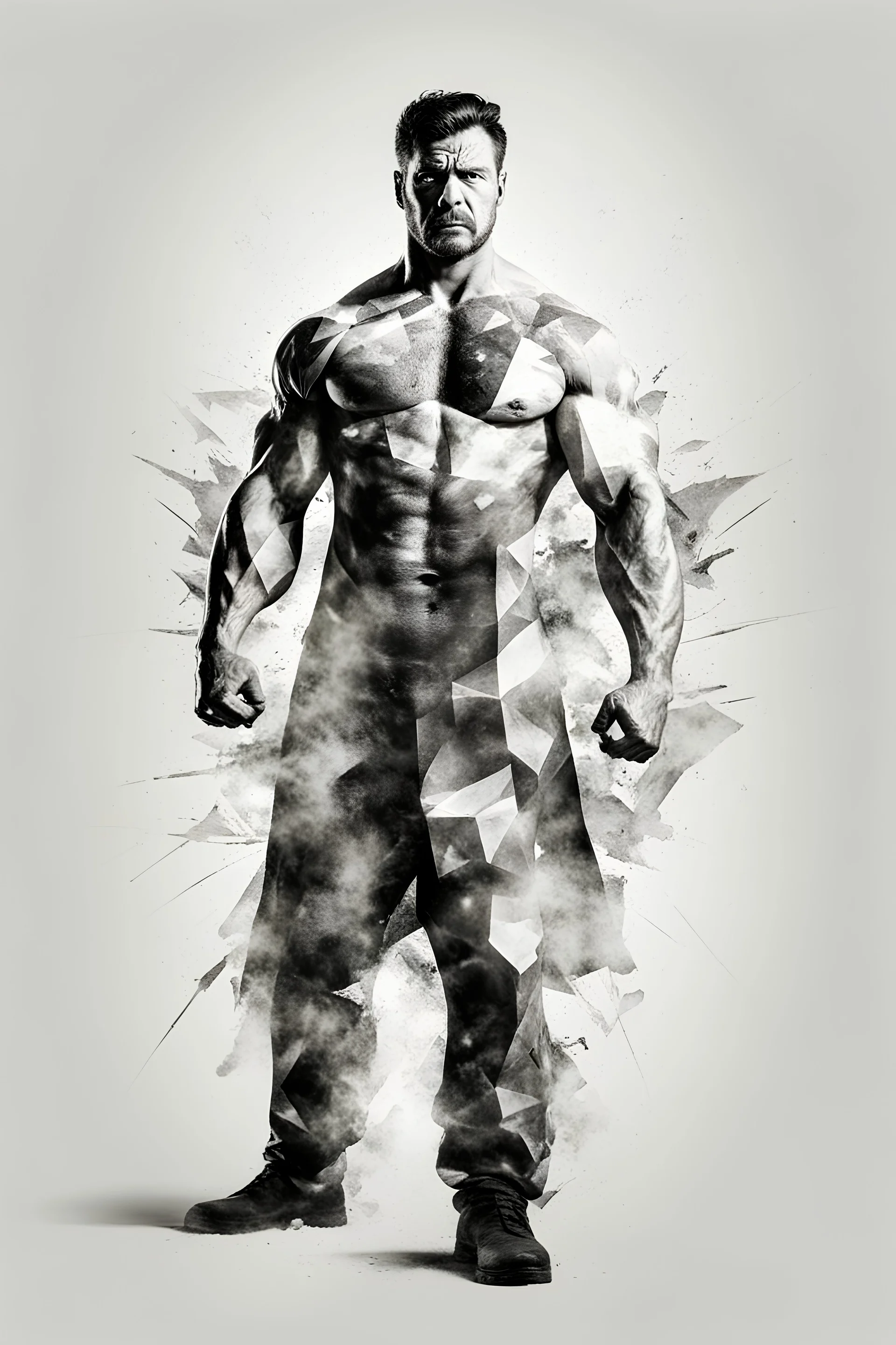 a strong man standing and the great power looks directly to the camera with white background full in Abstract style