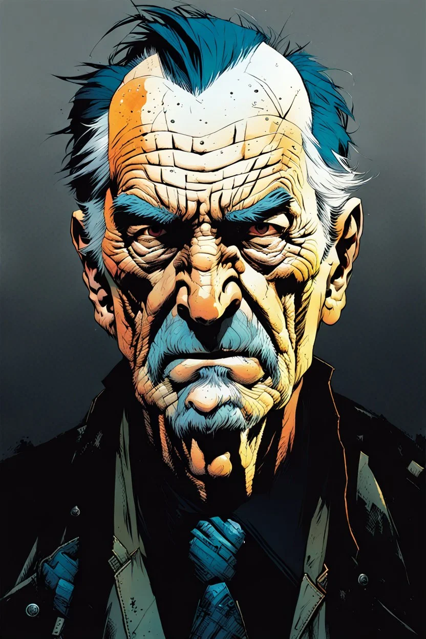 create a full body portrait illustration of a an aged and withered , raggedly dressed, post apocalyptic, cyberpunk derelict , with highly detailed and deeply cut facial features, in the comic art style of FRANK MILLER and BILL SIENKIEWICZ, searing lines and forceful strokes, precisely drawn, boldly inked, with gritty textures, vibrant colors, dramatic otherworldly lighting