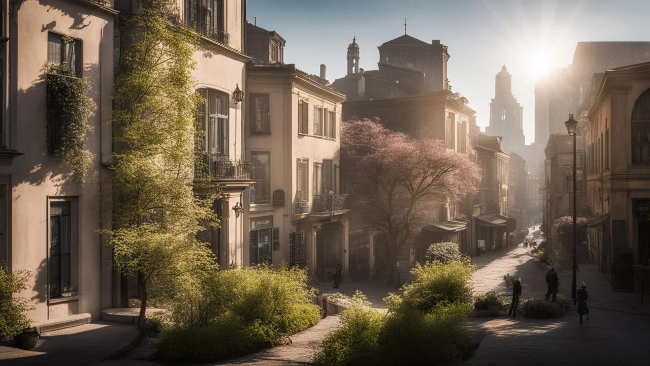 calm beauty, uplifting, inspiring, therapeutic, cityscape, springtime, sunlight, chiaroscuro, color, award-winning colour photograph, Nikon 85mm