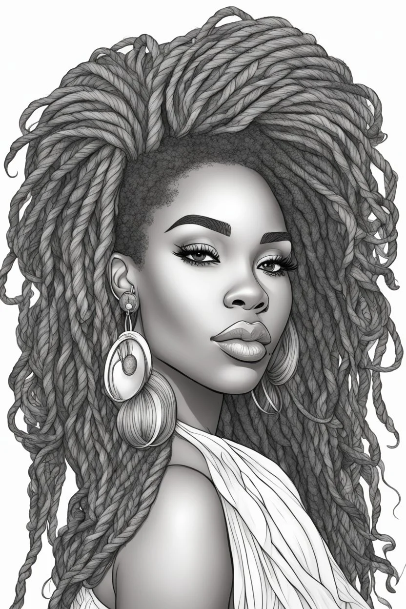 Create a coloring page of a beautiful curvy black female looking to the side with locs in her hair. No shading, No color, define lines, clean lines