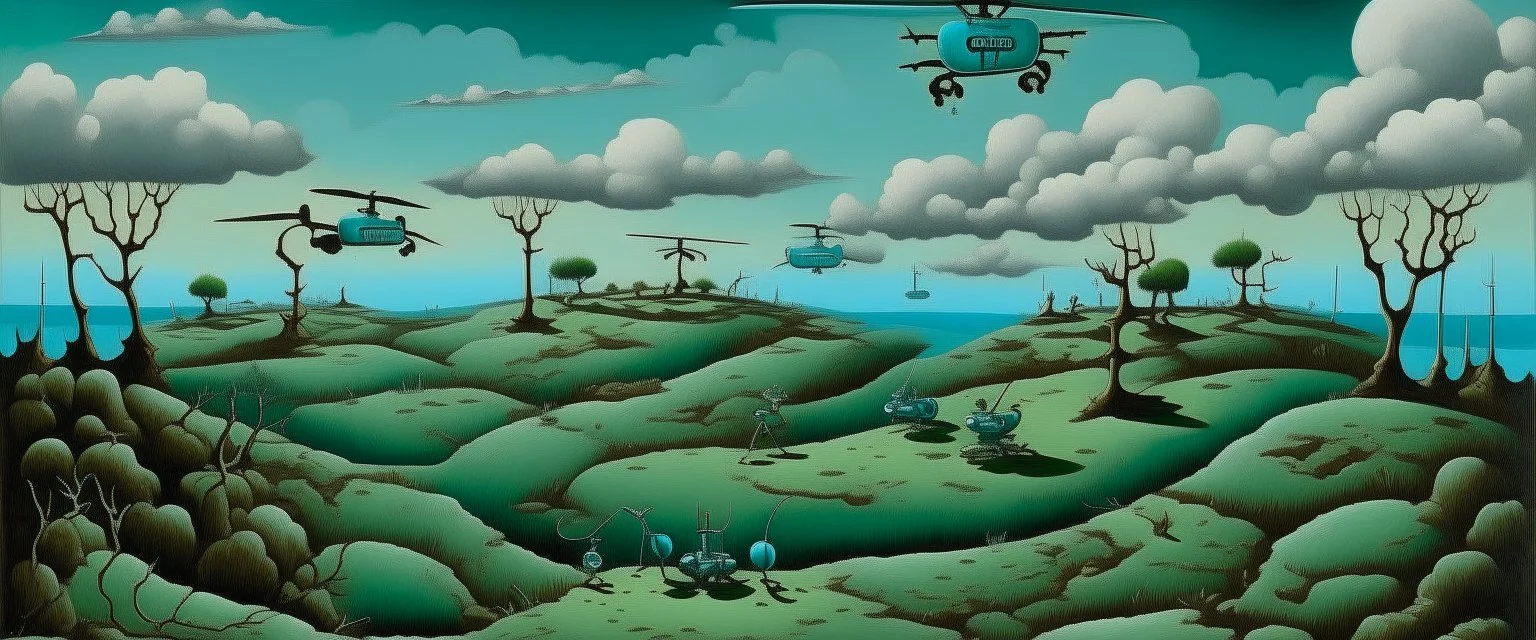 A cyan cloudy mine with helicopters painted by Henri Rousseau