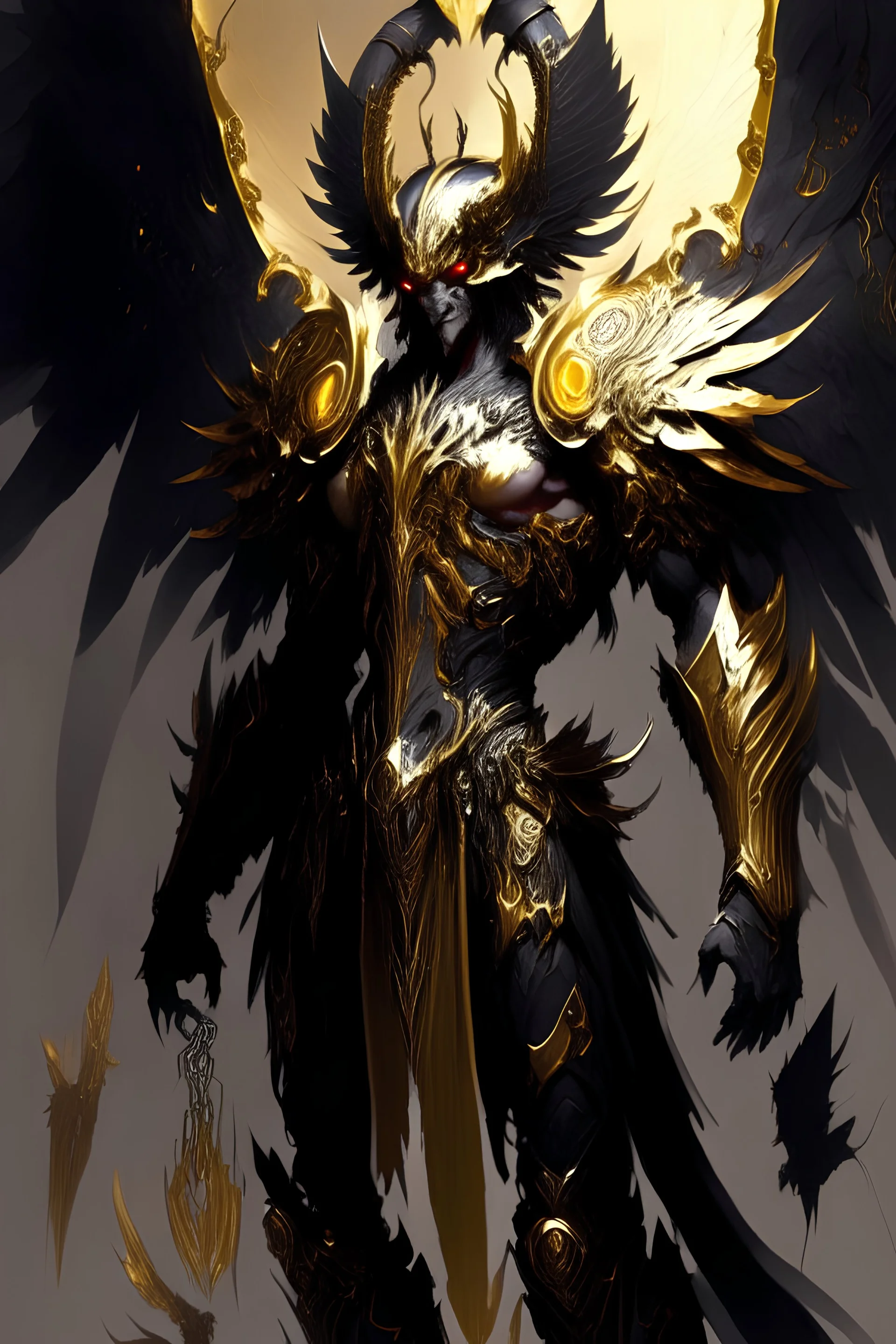 an image of a demonic creature with wings, archaon the everchosen, ornate supreme demon overlord, diablo digital concept art, diablo concept art, epic exquisite character art, omen from valorant, concept art of omegamon, angelic golden armor, infernal art in good quality, dark fantasy character design, black and golden armor, saint michael the angel