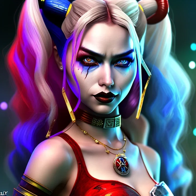 only harley quinn, fly hair, mist around, highly realistic, highly detailed, warrior armor, mist around, smoke