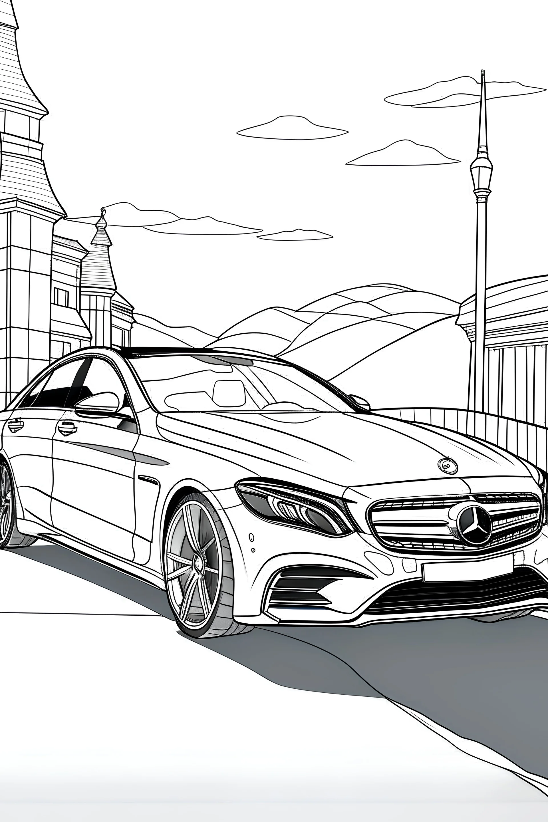 Outline art, no shading, full Mercedes on the road, cartoon style, thick lines, low details, --ar 9:11