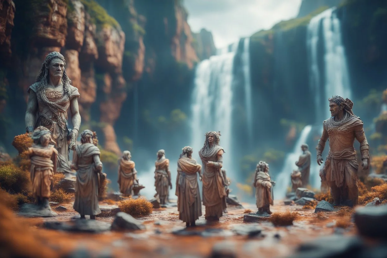 archeologists discovering storm giant people in Rivendale worshipping statues and idols, on a strange planet with weird colors and waterfalls, bokeh like f/0.8, tilt-shift lens 8k, high detail, smooth render, down-light, unreal engine, prize winning