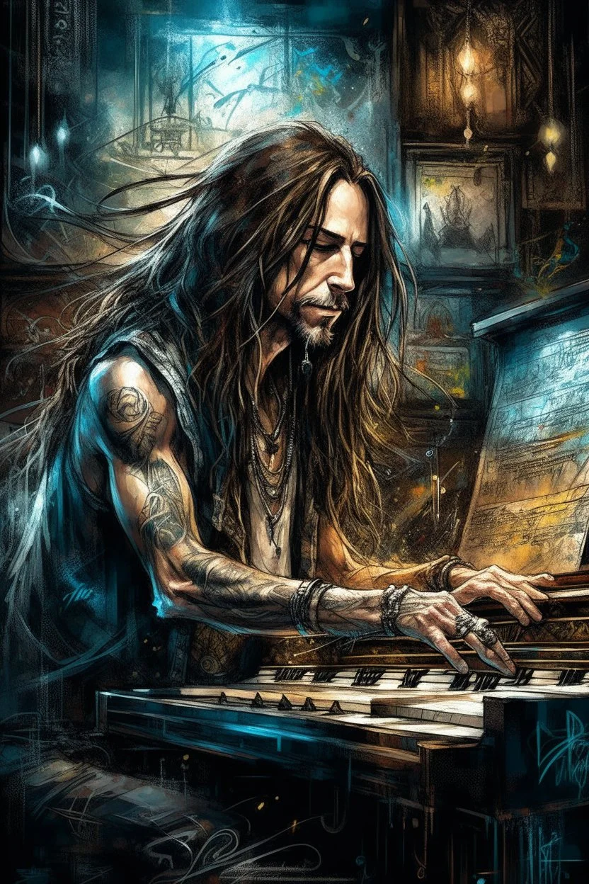 A ultra realistic poster of a rock and roll tattooed long hair guy playing the piano , having word sign as “street art ”, by Daniel Castan Carne Griffiths Andreas Lie Russ Mills Leonid Afremov, black background, fine lines draw, smile, standing in the temple