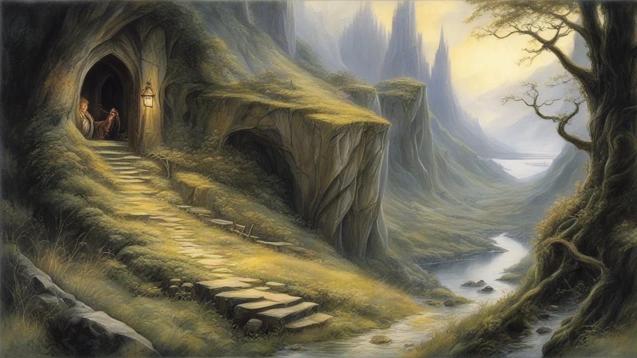 Style John Howe, Middle Earth, hobbits, magic, Tolkien, beautiful composition, exquisite detail, realistic, fascinating