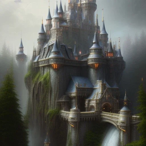 fantasy castle,utra realistic,highly detailed, masterpiece, sharp focus, fantasy art, royalistic,elegant, fog, Special Lighting,volumetric lighting, Vibrant, color Scheme, forest, trending on artstation, ultra photoreal,hypermaximalist, unreal engine