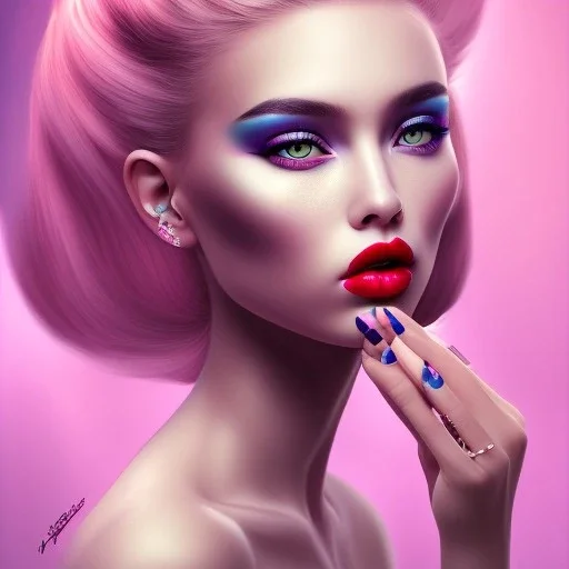 a princess wearing a lot of makeup and painted nails, with pink lipstick,with a blund nic hairstyle dramatic, dramatic lighting, volumetric lighting, hyperrealism, 8k, high quality, photorealistic, lot of details