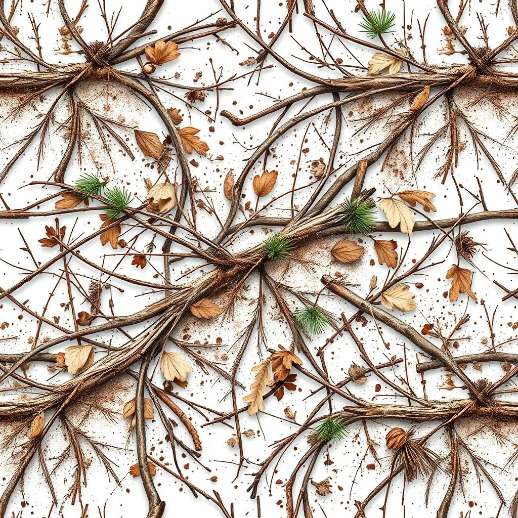 detailed Real Tree Camouflage made of sticks, twigs, dried leaves, pine branches, snow and dirt, white background, seamless repeatable texture pattern imitating a natural forest background