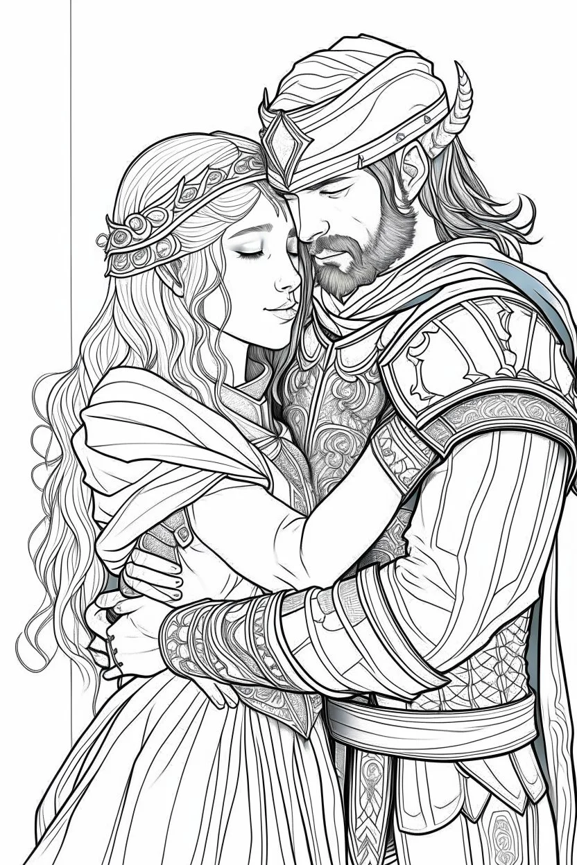Fantasy coloring page, minimal detail. HD. Woman hugging a male knight with a beard. No background detail.