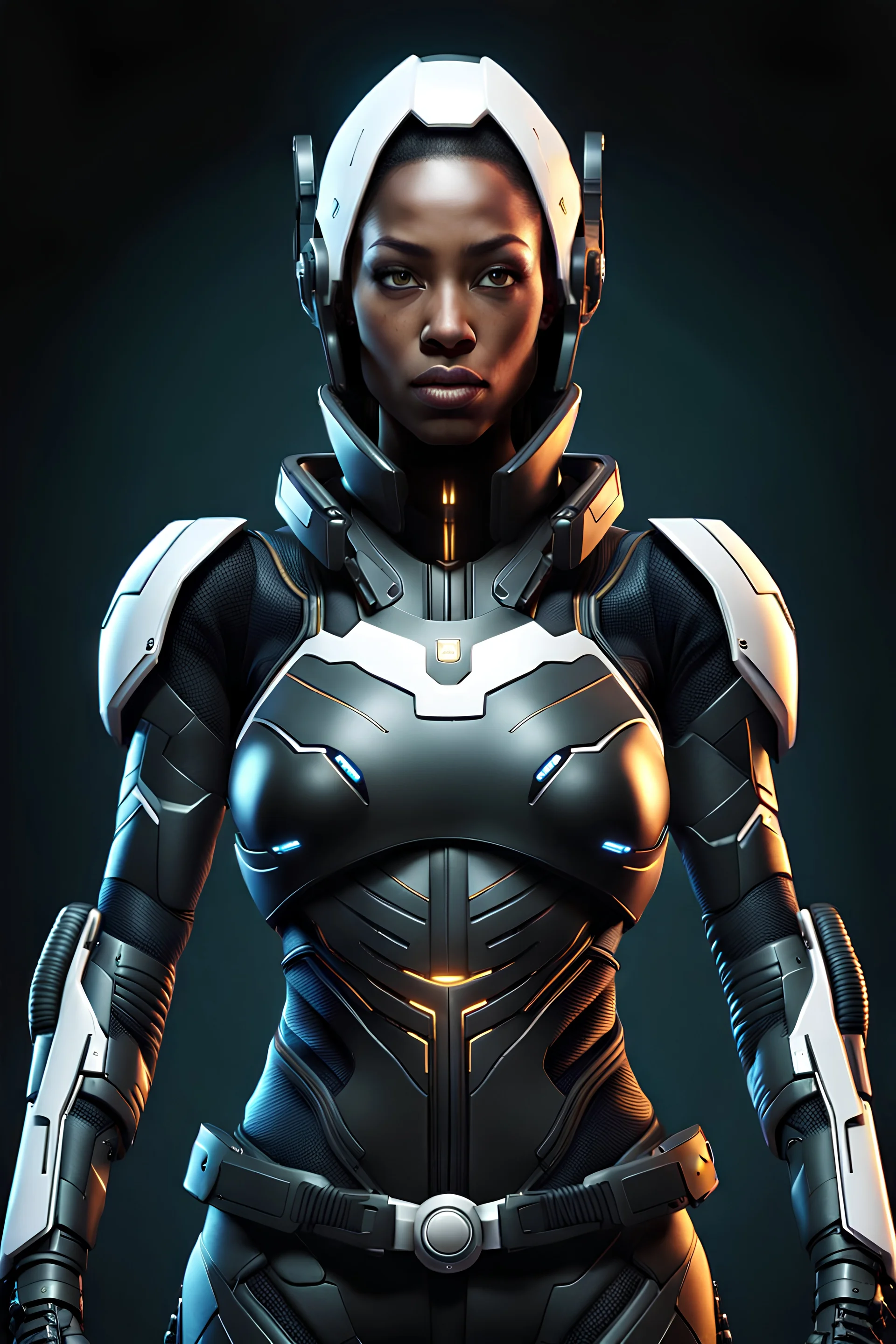 front facing view of a beautiful symmetric black cyberpunk female, white background, ultra realistic, highly detailed, hd, sharp focus, cinematic lighting, realistic, photorealistic, vivid colors, painting, photograph, digital art, non blurry, sharp, artstation, concept art, smooth, illustration