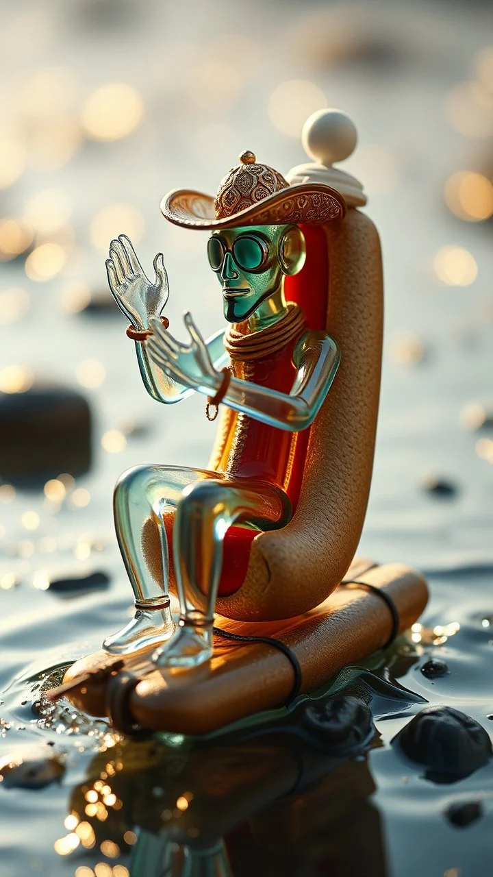 dancing glass cowboy on a primitive raft praying riding a spectroscopy of a transparent hot dog sitting in a bread chair made by a transparent god, take a bite its alright in the style of Giger, bokeh like f/0.8, tilt-shift lens 8k, high detail, smooth render, down-light, unreal engine, prize winning