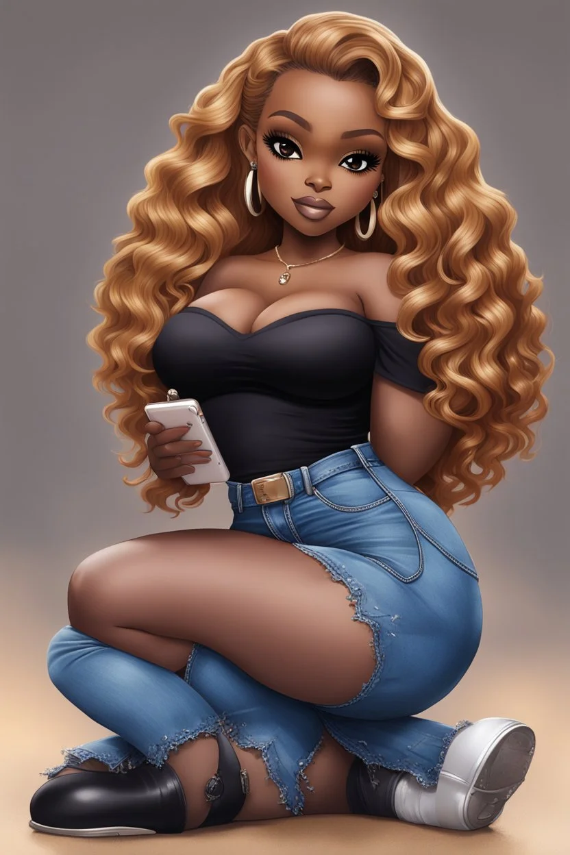 Create a magna art of a black chibi curvy female sitting on the floor looking at her cell phone. She is wearing tight blue jeans and a black off the shoulder blouse. Prominent make up with lush lashes. Highly detailed wavy ombre blonde and brown long hair. She is also wearing silver large hoop earrings