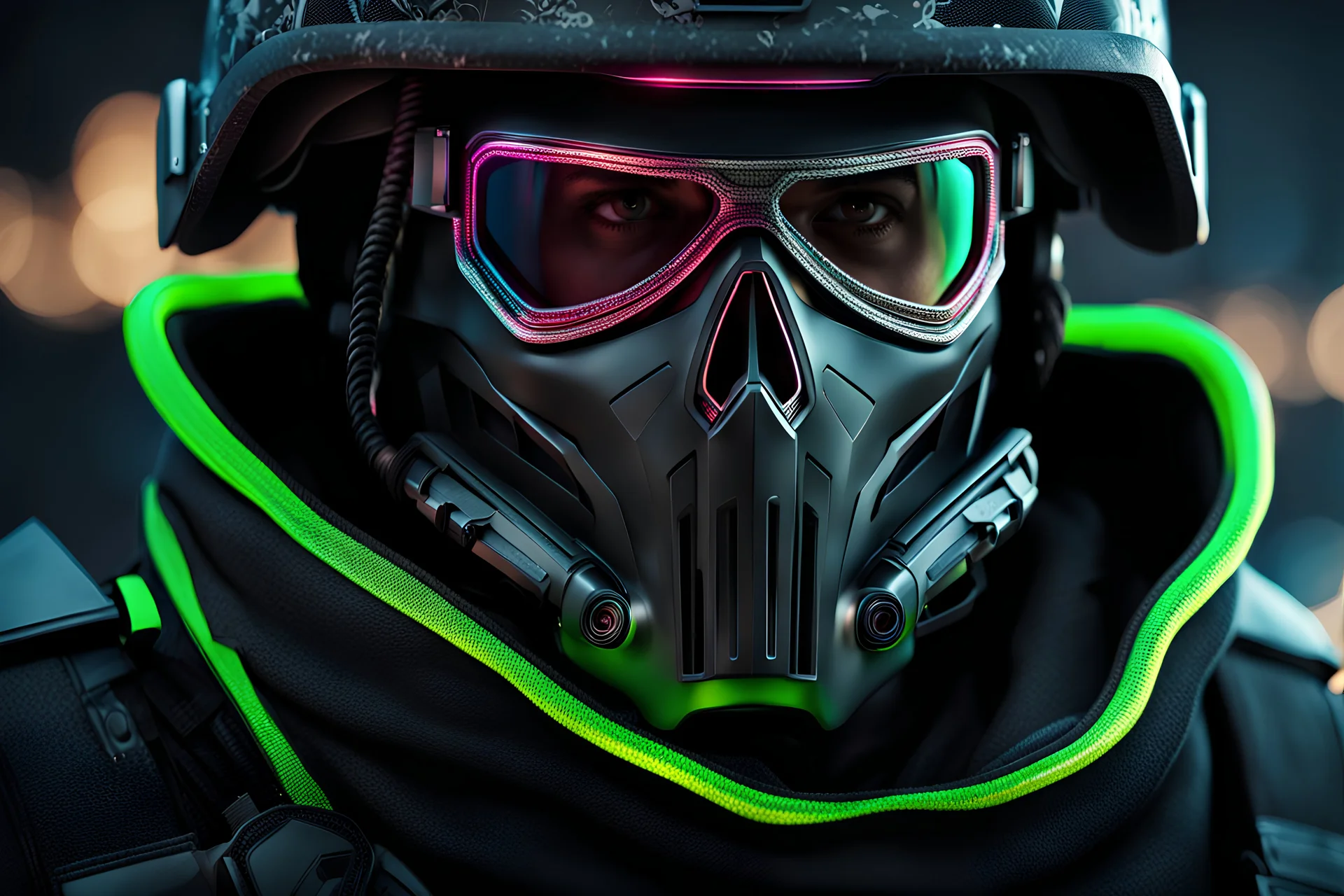 Ghost Soldier with skull mask in 8k realistic cgi drawing style, call of duty them, close picture, neon, intricate details, highly detailed, high details, detailed portrait, masterpiece,ultra detailed, ultra quality