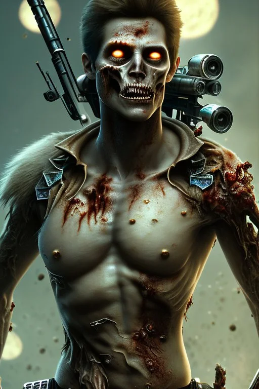 close-up ultra detailed and real looking image, 12k ultra high definition, sexy and cool looking zombie with human features, wild hair, he is a policeman, wearing a police uniform with bullet holes, epic action shot view of him storming towards camera with bazooka in hand, explosive and chaotic background, epic good looking zombie