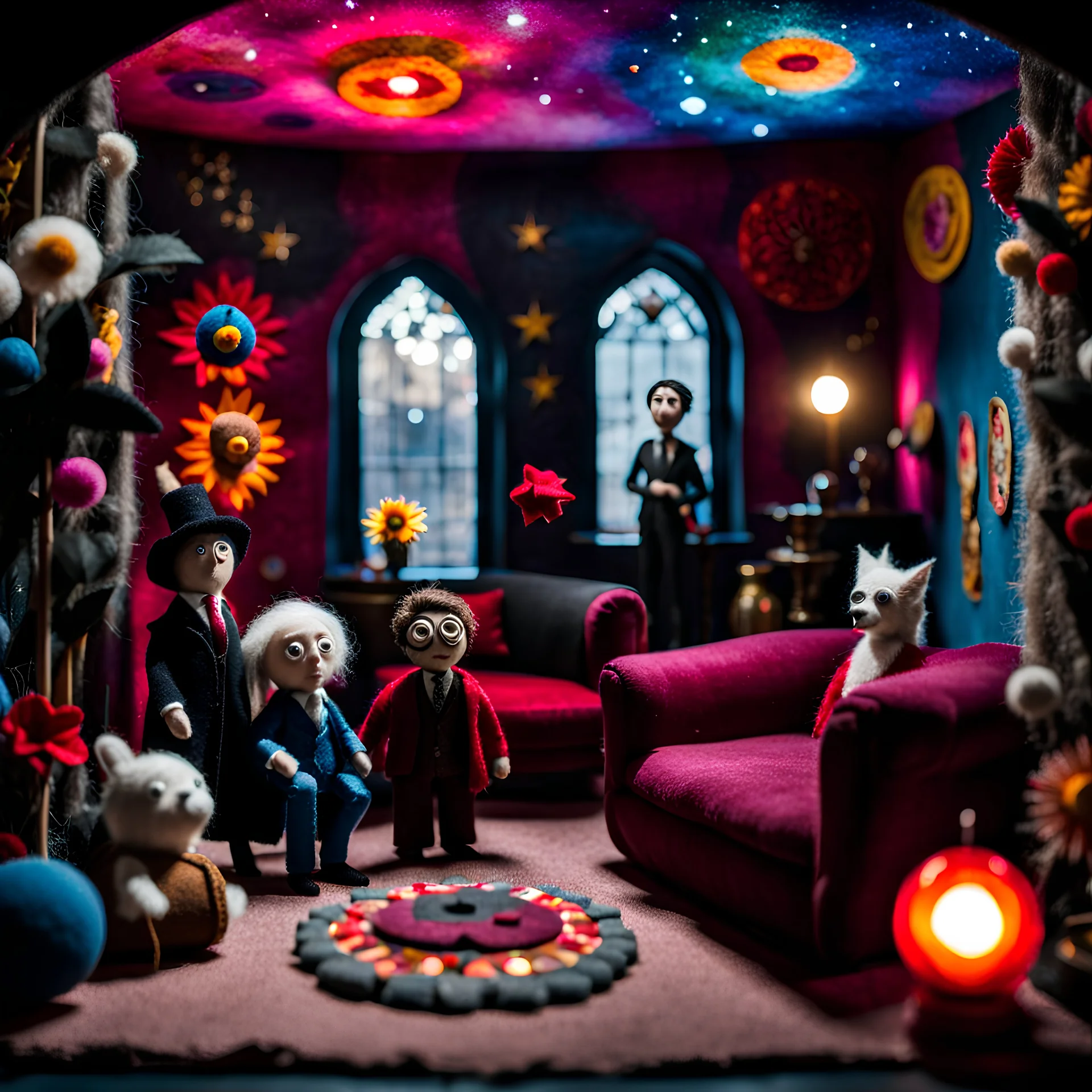 Detailed people, creepy living-room made of felt, naïve, vintage toys, sun, splops, puppets, volumetric light, flowers, naïve, Tim Burton, strong texture, orero dream, extreme detail, Max Ernst, decal, rich moody colors, sparkles, Harry Potter, bokeh, odd, 33mm photography, tiltshift