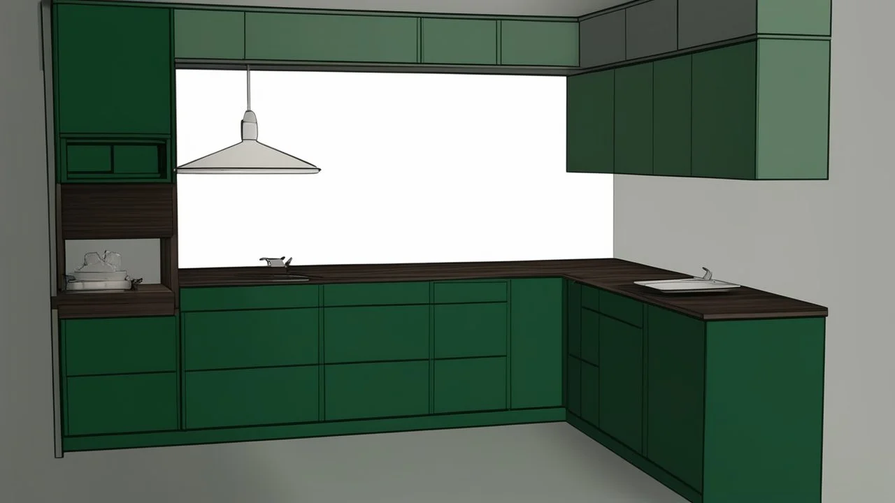 dark green kitchen with forest wallpaper on the white wall, very realistic