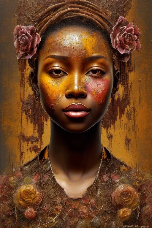 an abstract painting of rusted metal and flowers, african portrait, rust, scaffolding, iron cladding, decay, mixed media, textured, anatomically correct, beautiful perfect face, sharp focus, highly detailed