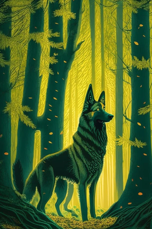 In the heart of a dense and enigmatic forest with towering ancient trees cloaked in emerald, yellow foliage stands a common beech In front of the tree roams a majestic canine of Belgian shepherd lineage its eyes illuminated by an otherworldly crimson