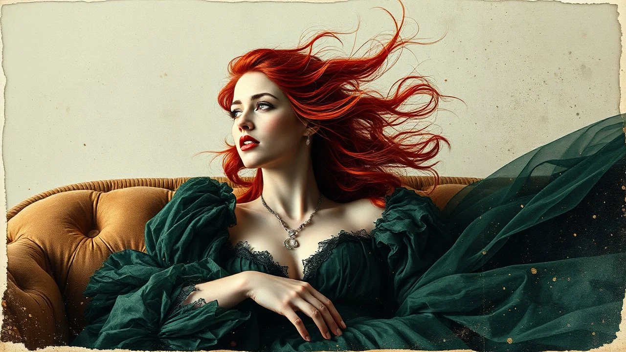 mixed media, multiple exposure, old worn torn plain canvas, grunge, layered, embossed, fine art luminous soft watercolor, glitter, mid-ground, luminosity, highlights, gold fragments, light effects, dark grey-green fragments, dot technique, portrait of Victorian Gothic woman on SOFA, Red hair, light Red lips, fluffiness, wind, airy dark GREEN flowing dress, Fur, swirls, layered, blending, textured, 3D, 8K, best quality, fine rendering, high detail, hyperrealism, high resolution, high definition,