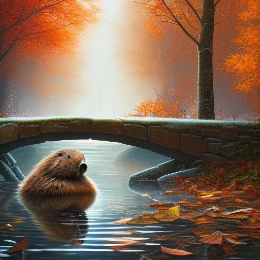 fantasy art, book cover, close up of beaver and duckling under a bridge , old mill wheel ,autumn water, icy frame