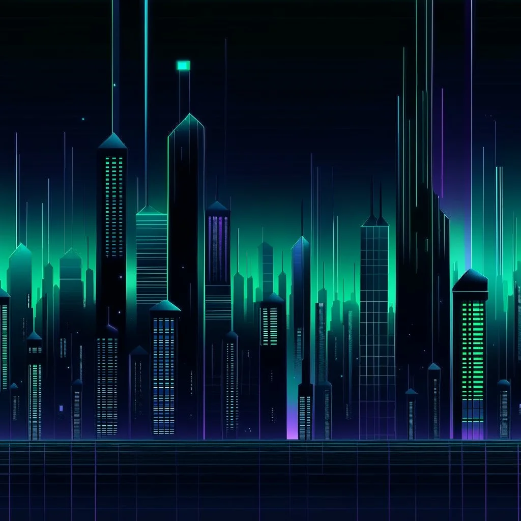 Digital and futuristic illustration of a minimalist and digital city with a dark background and gradients with light blue, light green, and purple.