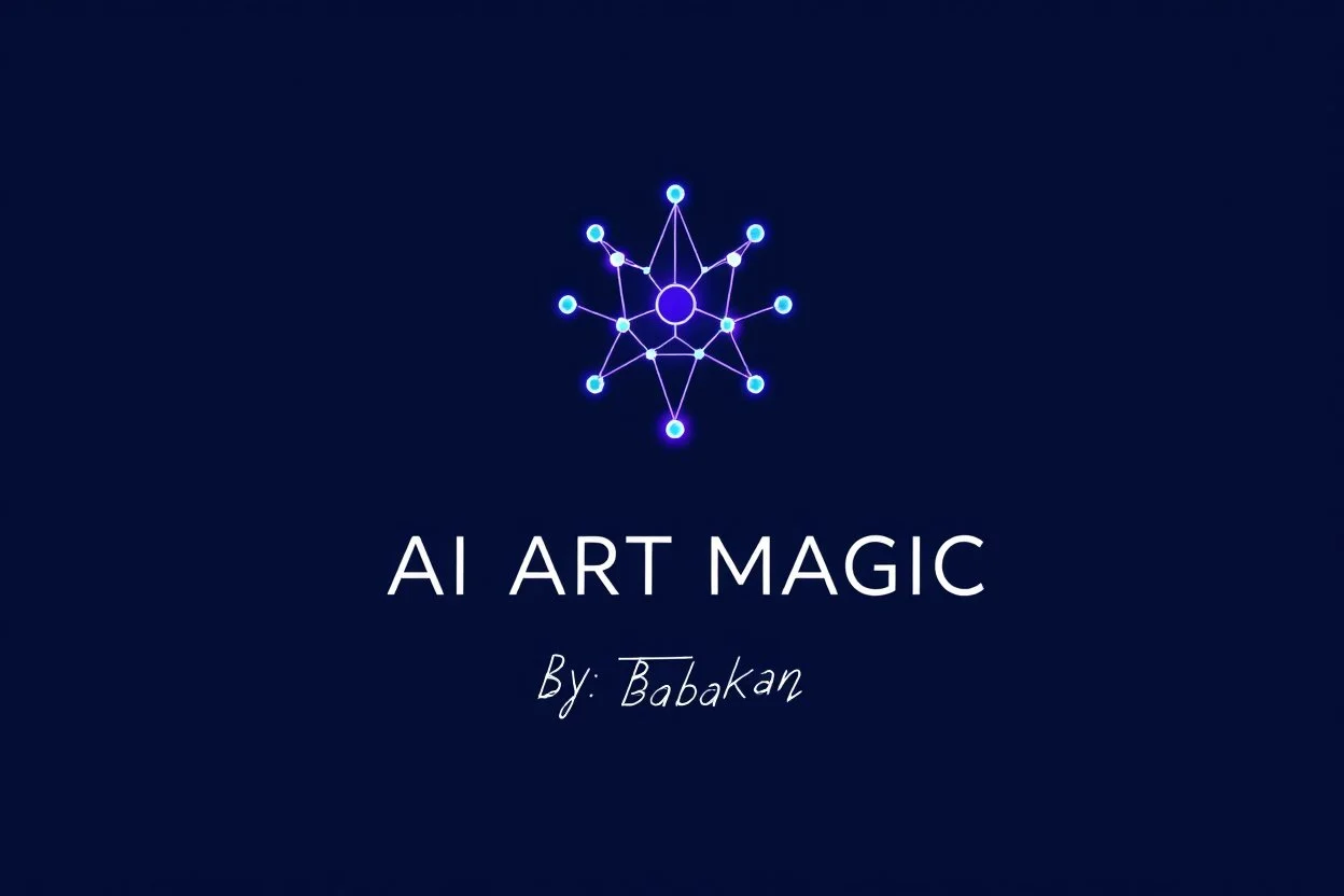 A professional, minimalist logo for a brand called “AI ART MAGIC”. The icon is an abstract, glowing, interconnected node-mesh structure forming a subtle spark of magic. Elegant, clean lines. Below the icon, the text “AI ART MAGIC” is in a modern sans-serif font, with “By: Babakan” written in a smaller, sophisticated font underneath. Color palette: Deep electric blue, neon purple, and crisp white. Vector style, high quality, solid background, professional graphic design.