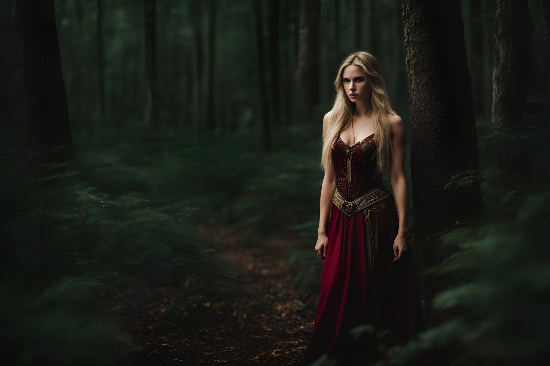 A beautiful woman warrior with long blonde hair down to her knees wandering in a dark forest wearing a beautiful dress