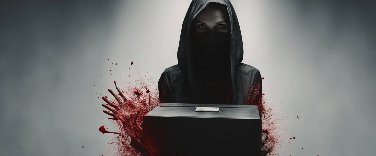 a faceless woman covered in blood holding up a black rectangular box