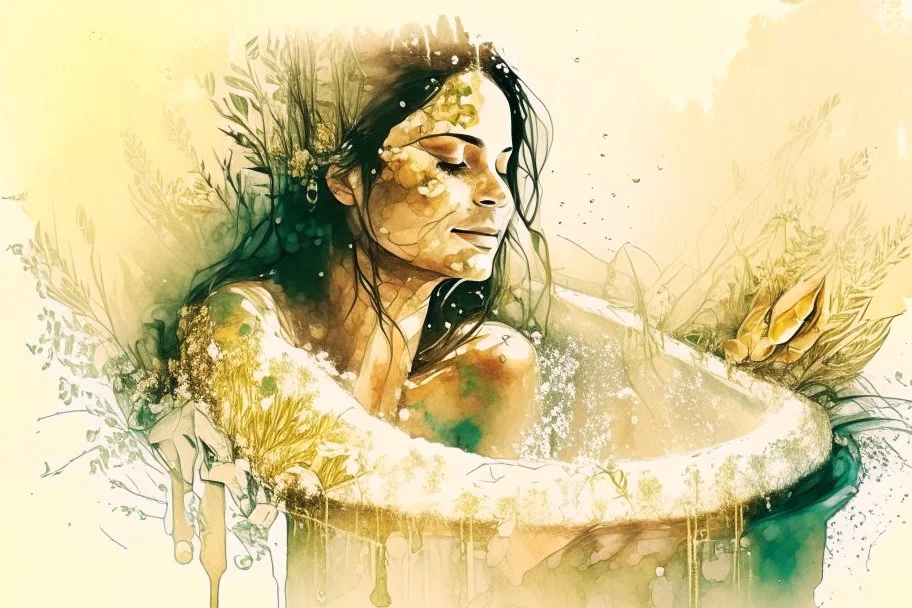 double exposure contented beautiful brunette in a big foam spa bathtube spa things, greenery and flovers, candles, plush towels, soft colors, in sunshine merged layers waterfall heart and love: burlap battery corrosion golden patina watercolor and glittering ink