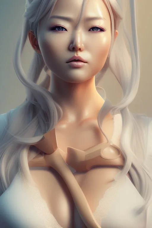 isometric clean art of super japanese woman hitomi tanaka, busty hitomi tanaka,. White clothes, soft lighting, soft pastel gradients, high definition, 3d icon clay render, blender 3d