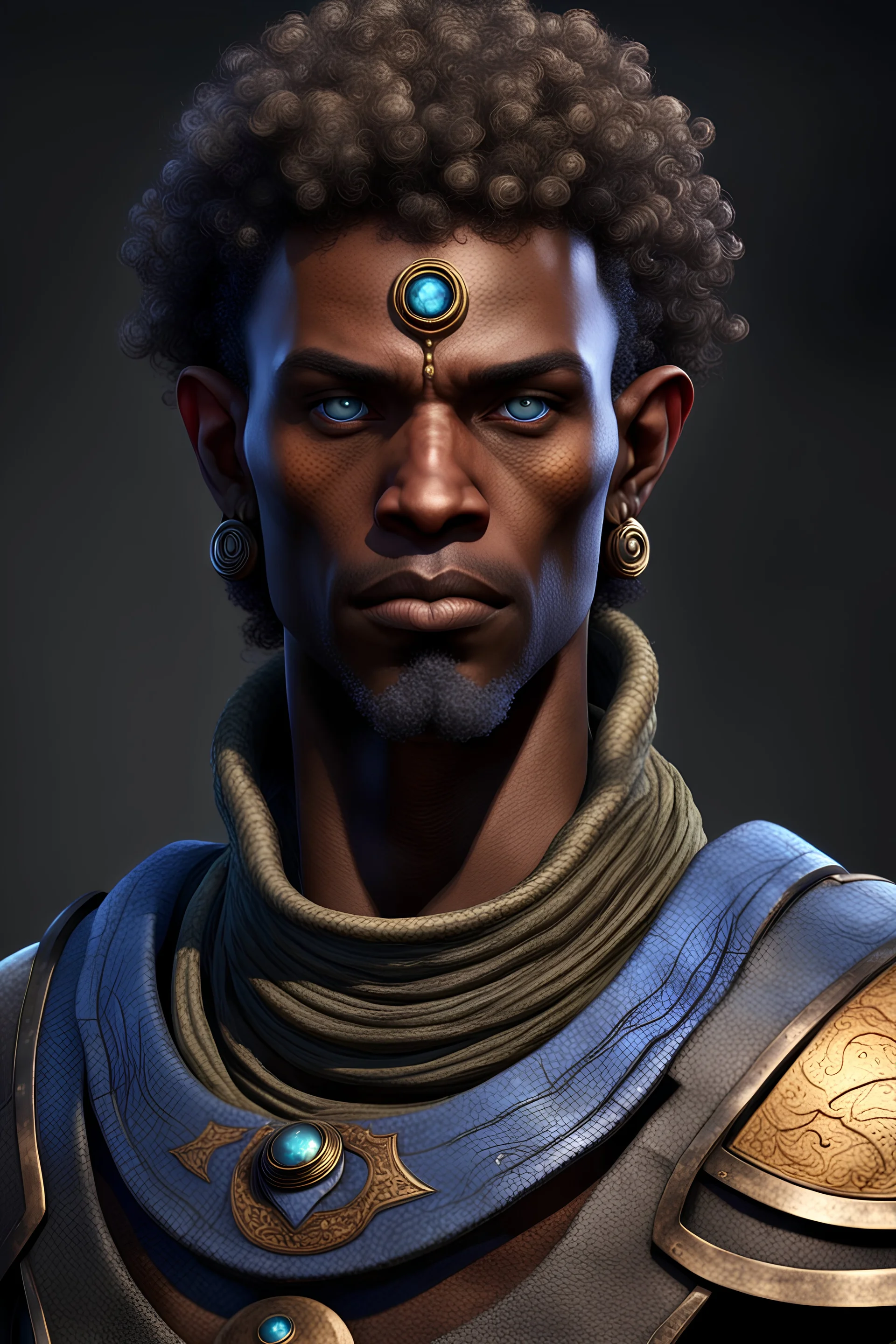 Créé un homme gythyanki comme dans Baldur's Gate 3 a peau africaine . Il a les cheveux bouclés, un regard doux . Les yeux bleus des