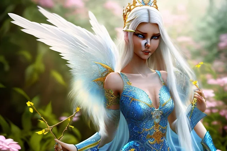 Fantasy cute elf with wings, smiling, make up, long blond platinum hair, blue eyes, crown, beautiful dress, flowers in background, HQ, unreal engine