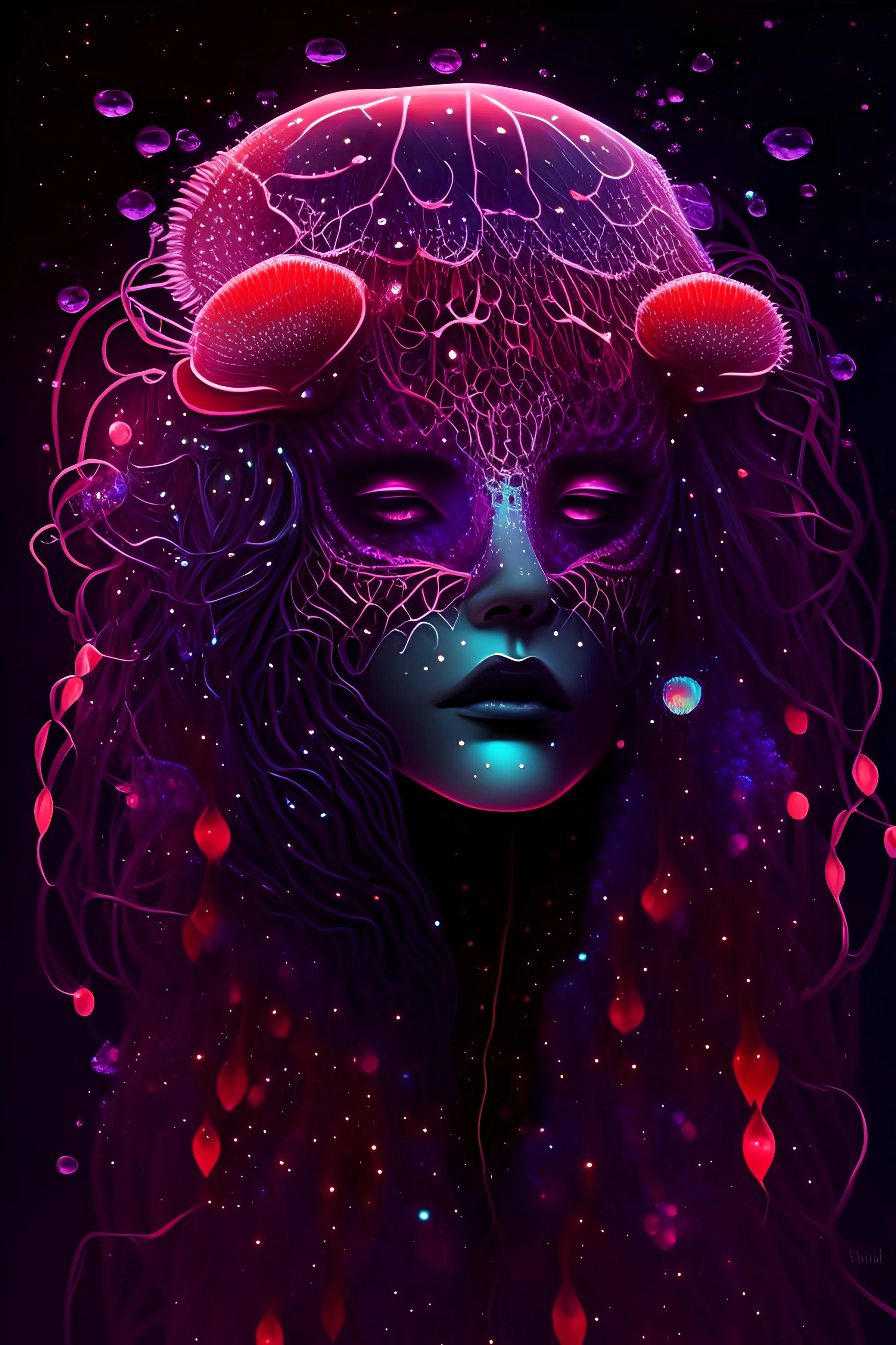 Beautiful giarl, jellyfish, mask neon crystal out her mind beautiful colorfully flowers and star pattern on fur front facing dark smooth colors high contrast background darkred tones,