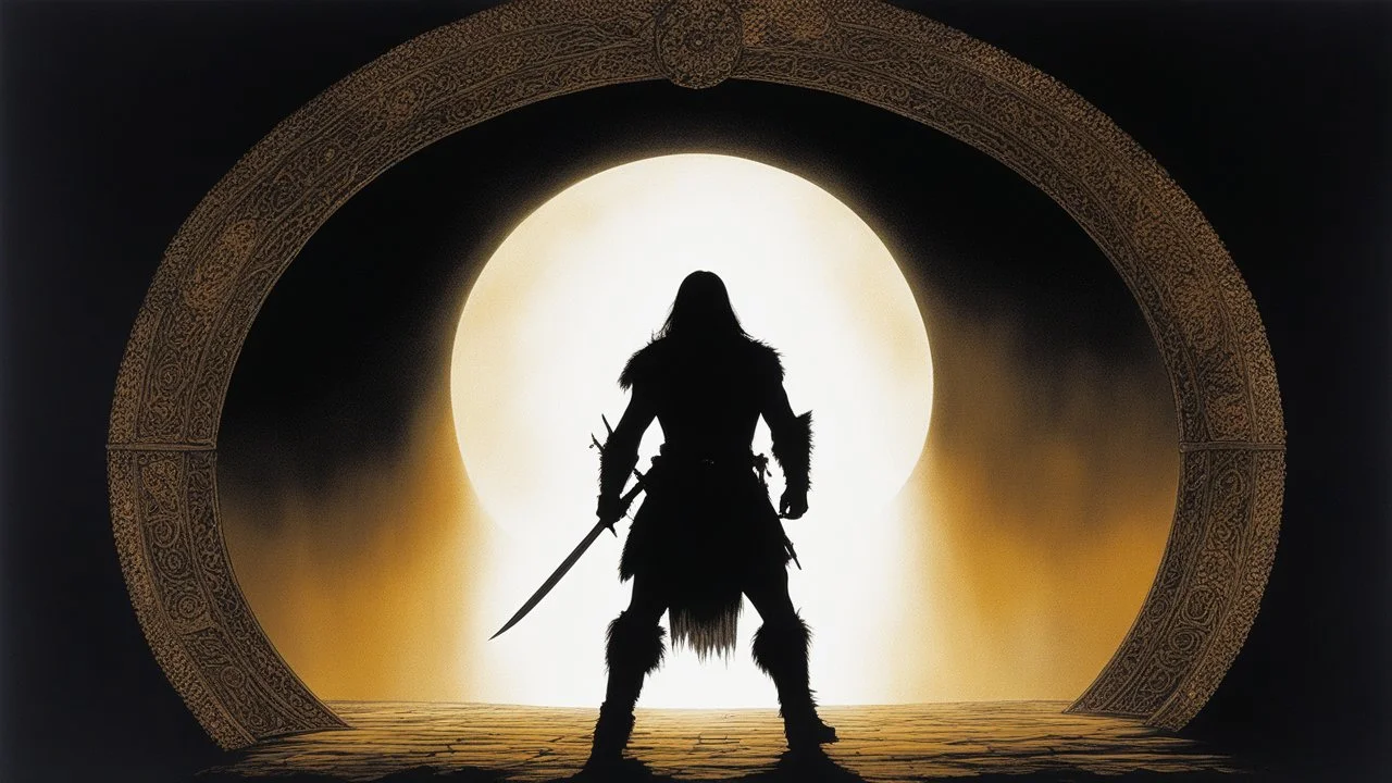 [Conan The Barbarian' (1982)] As the darkness of the medieval chamber was pierced by the expanding disk of light, the reader's gaze was drawn to its ethereal glow before beholding the figure within. Emerging from the radiant circle was the spectral presence of a skull, casting an otherworldly aura against the velvet hangings. on the side, a silhouette gradually materialized—a half naked figure sit on her bed: the african Queen of Khauran herself.