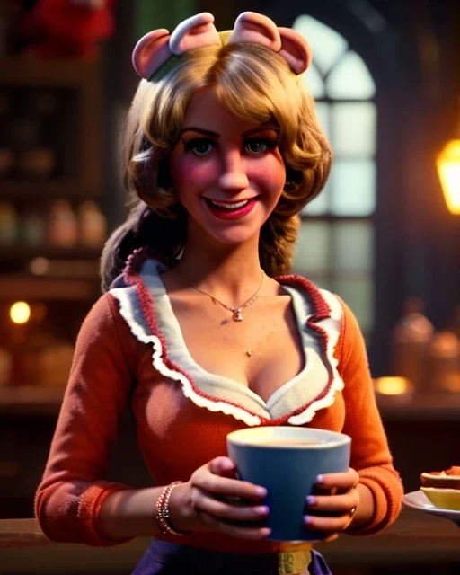 waitress irish woman with muppet mask that covers her entire head, gringer, retro style, Sesame Street style, smooth, unreal engine 5, god lights, ray tracing, RTX, lumen lighting, ultra detail, volumetric lighting, 3d.