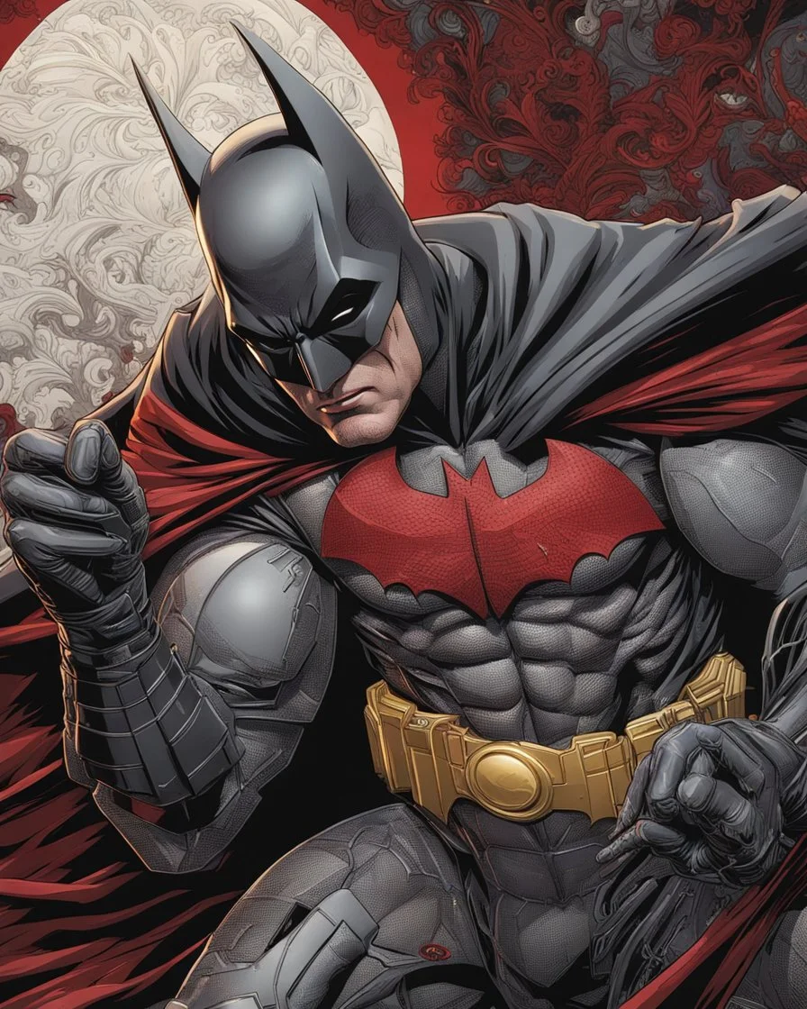 Batman hyper-detailed intricate artwork gold white and red 8k colors