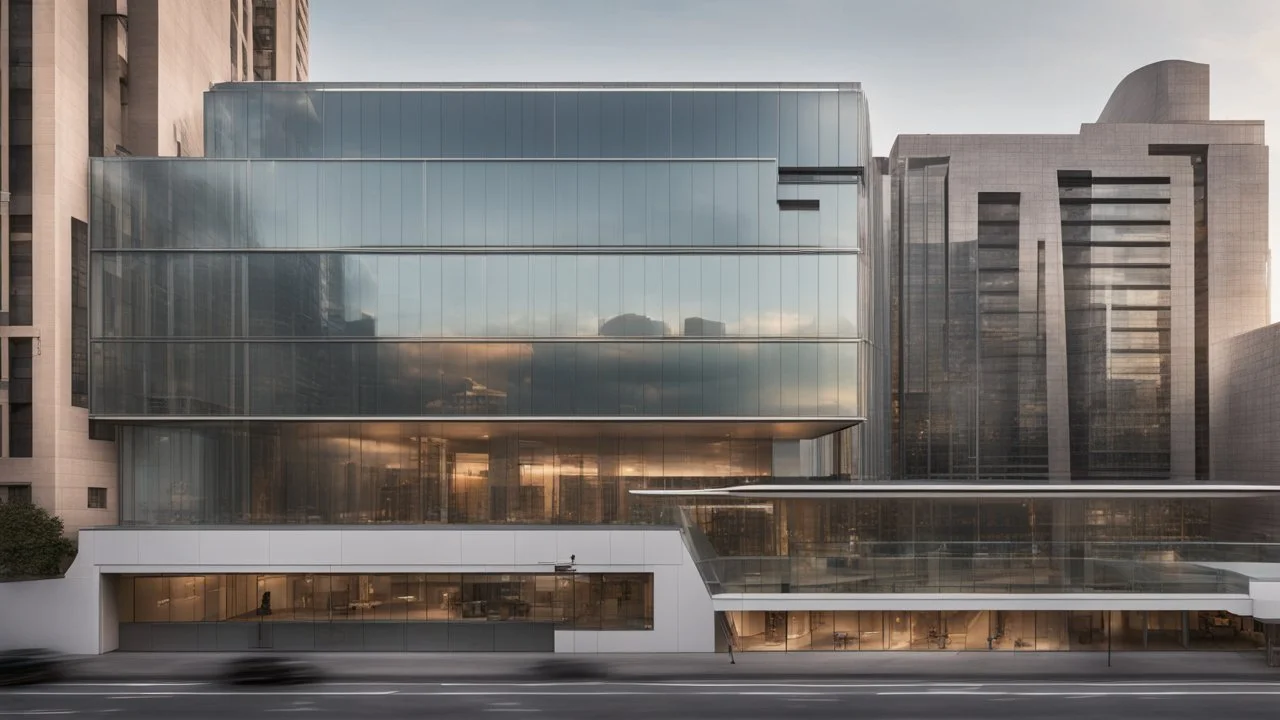 Contemporary glass and steel building with elegant lines and an innovative façade, surrounded by a busy cityscape, modern and in high resolution.