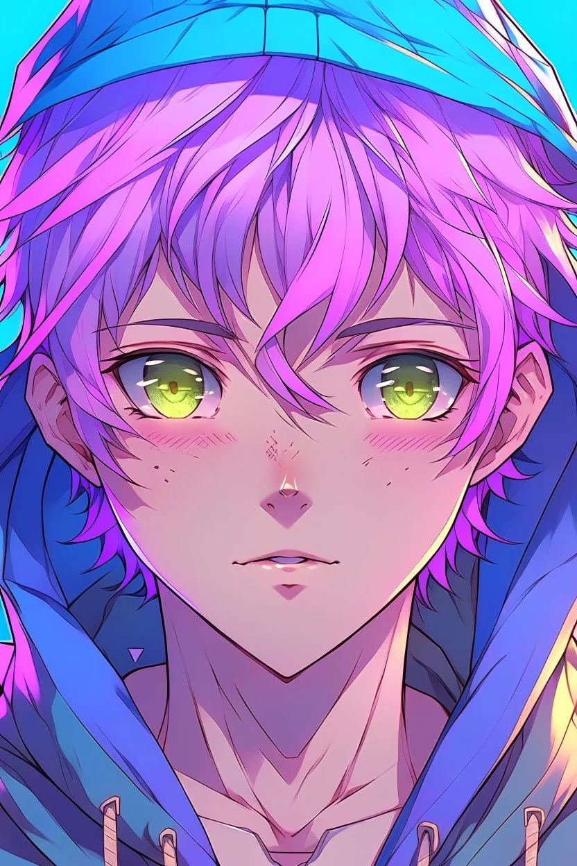 An anime man with messy short pink hair and narrow blue eyes wearing a hooded jacket Realistic. Slight smile.