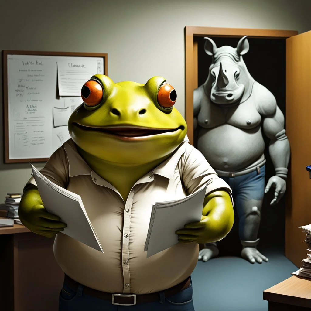 photo of a fat yellow-green color anthropomorphic frog in simple human cloths and take between his hands many paper in office, on the wall hang an wall board with some written sheets of paper, in background standing an anthropomorphic strong gray rhinoceros in blue jeans and in t-shirt behind in halb open door , dark colors, detailed 3d, sci-fi, fantasy mood