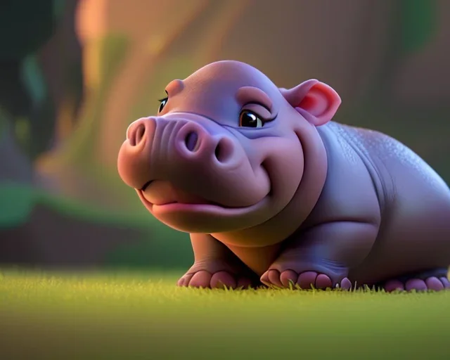 baby hippo, dwarf hippopotamus, natural environment, photojournalism, hyper detailed, hyper realism, pixar character, sweet and gentle, friendly,