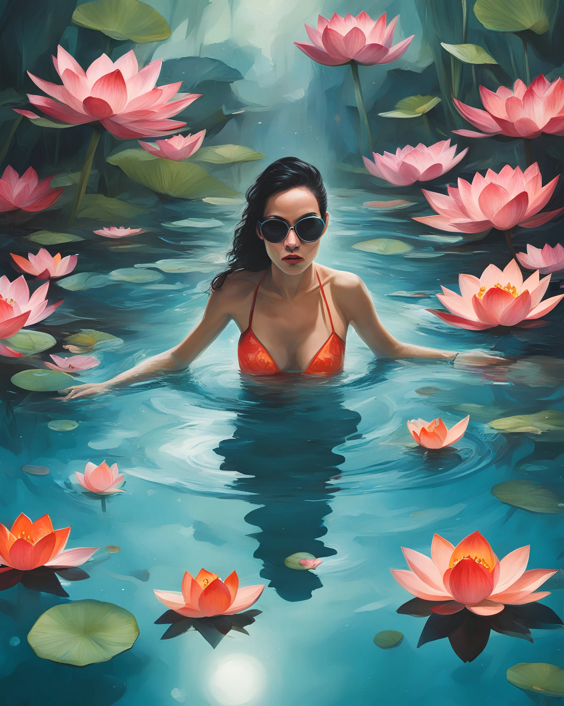 one woman in a pool, with lotuses, she is attacked by a dangerous alien women