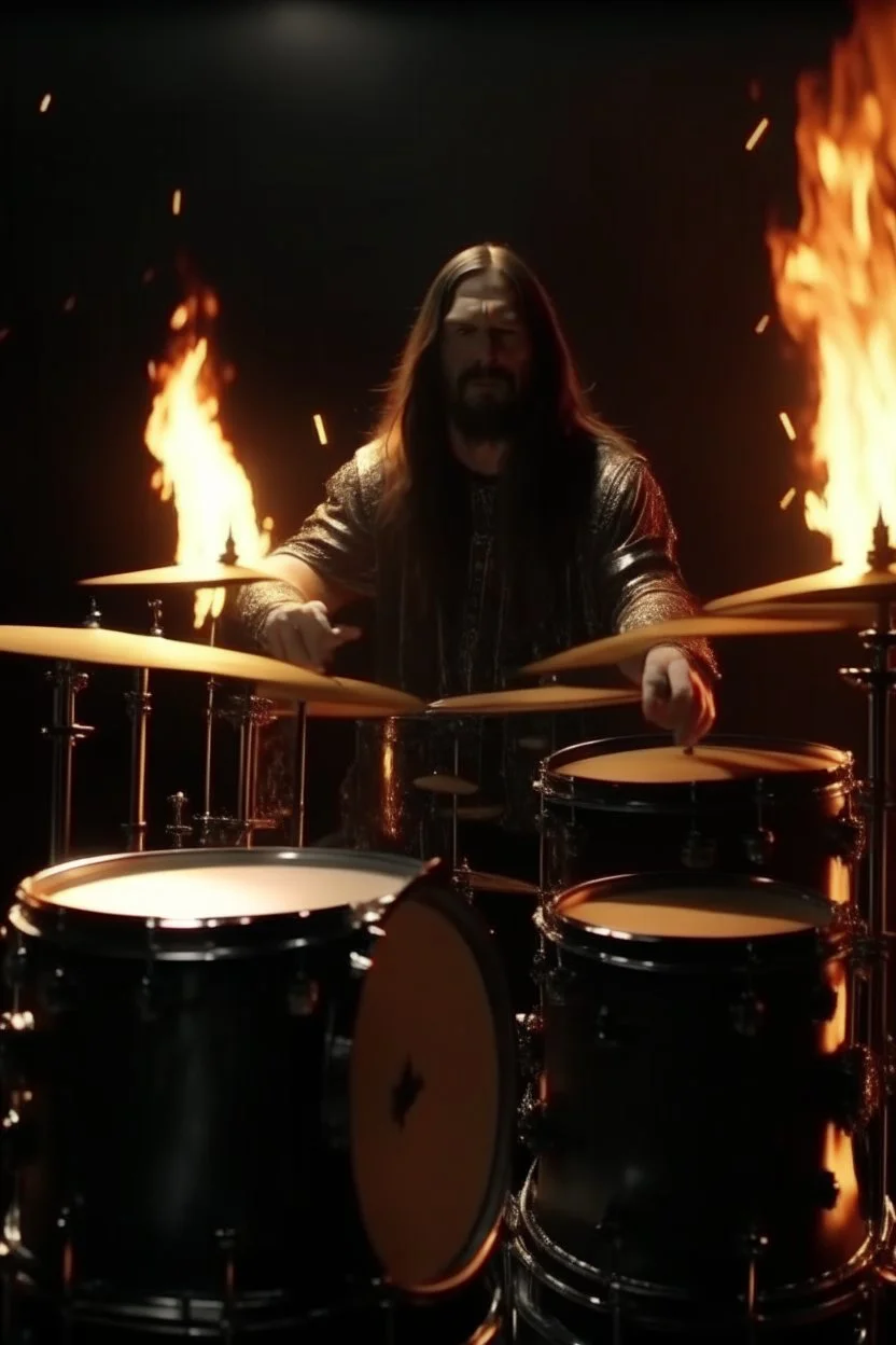 4K realistic, Jesus playing drums in a metal band, black background, bright flames all around