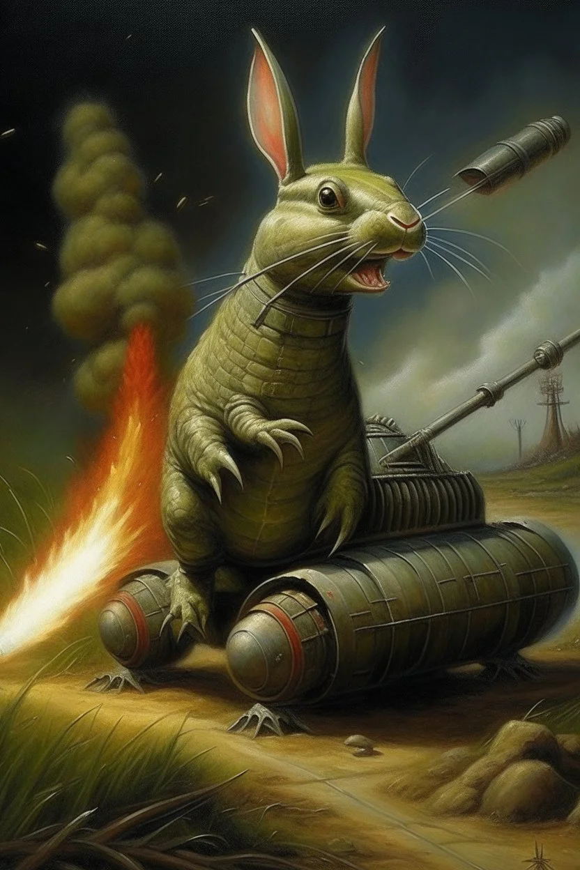 military bunny crocodile that looks like a rocket going in for landing, prize winning oil painting