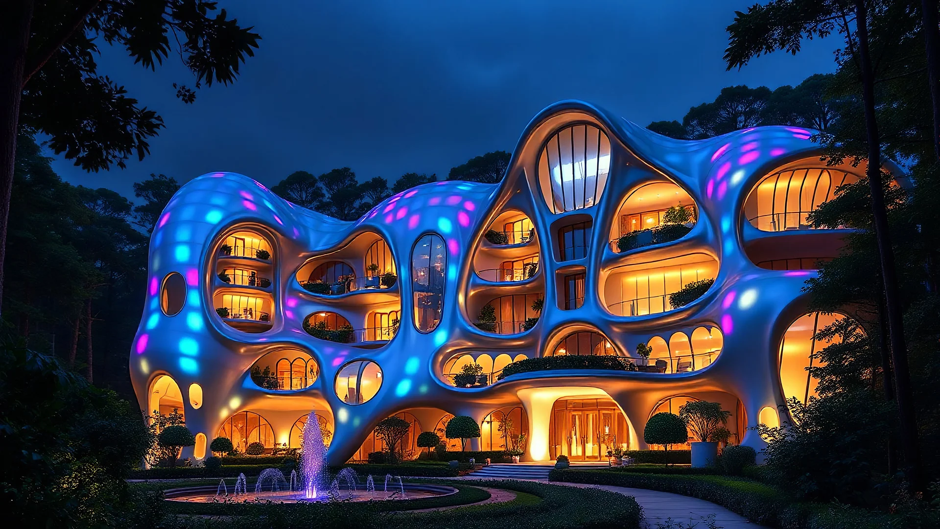 Comical organic futuristic fantasy building at night, inspired by the varied shapes of forest trees. Iridescent walls made of shimmering, innovative semi-transparent opalescent materials. The happy building has large, curved, intriguing elongated windows, many curved balconies. The building is surrounded by gardens and fountains and set deep in a forest. Award-winning photograph, beautiful composition, joyful vibe, wonderful excitement