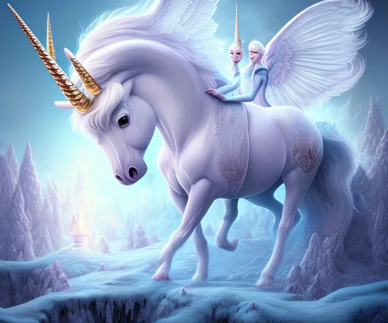 surreal illustration of a colors unicorn on princes frozen ground, realistic, surrealism, surreal unicorn with glowing wings, glowing soft and smooth wings, shadow, abstract surreal fantasy art, highly detailed, intricate patterns on wings, soft studio lighting, smooth dark blue background 64k